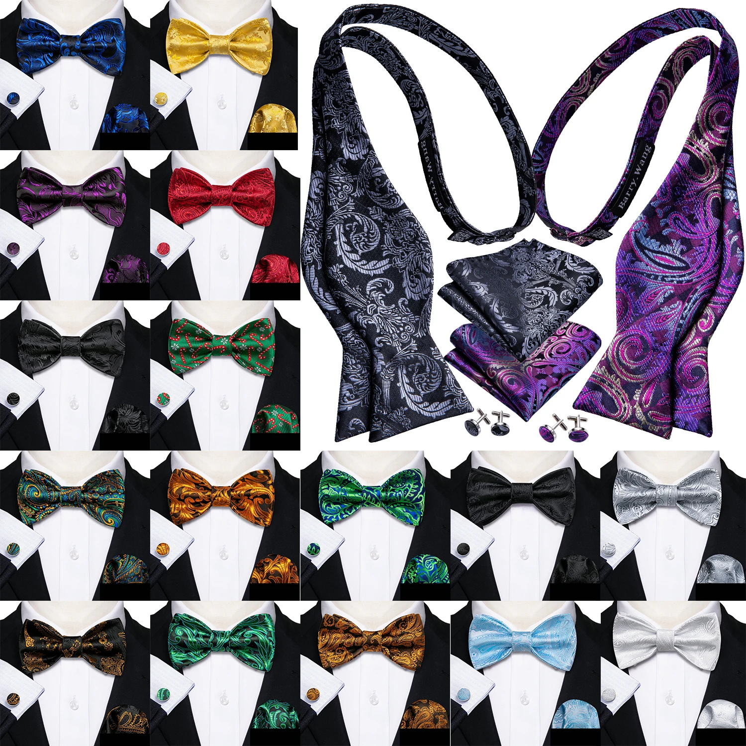 Neck Tie Barry.Wang 100 Colors Silk Mens Self Bowtie Jacquard Paisley Floral Butterfly Bow Tie Hanky Cufflinks For Men Wedding Business