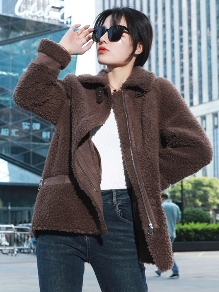 

FMFSSOM Winter New Women Sheepskin Coat Streewear Thick Warm Pu Faux Lamb Leather Jacket Fashion Zipper Loose Outwear