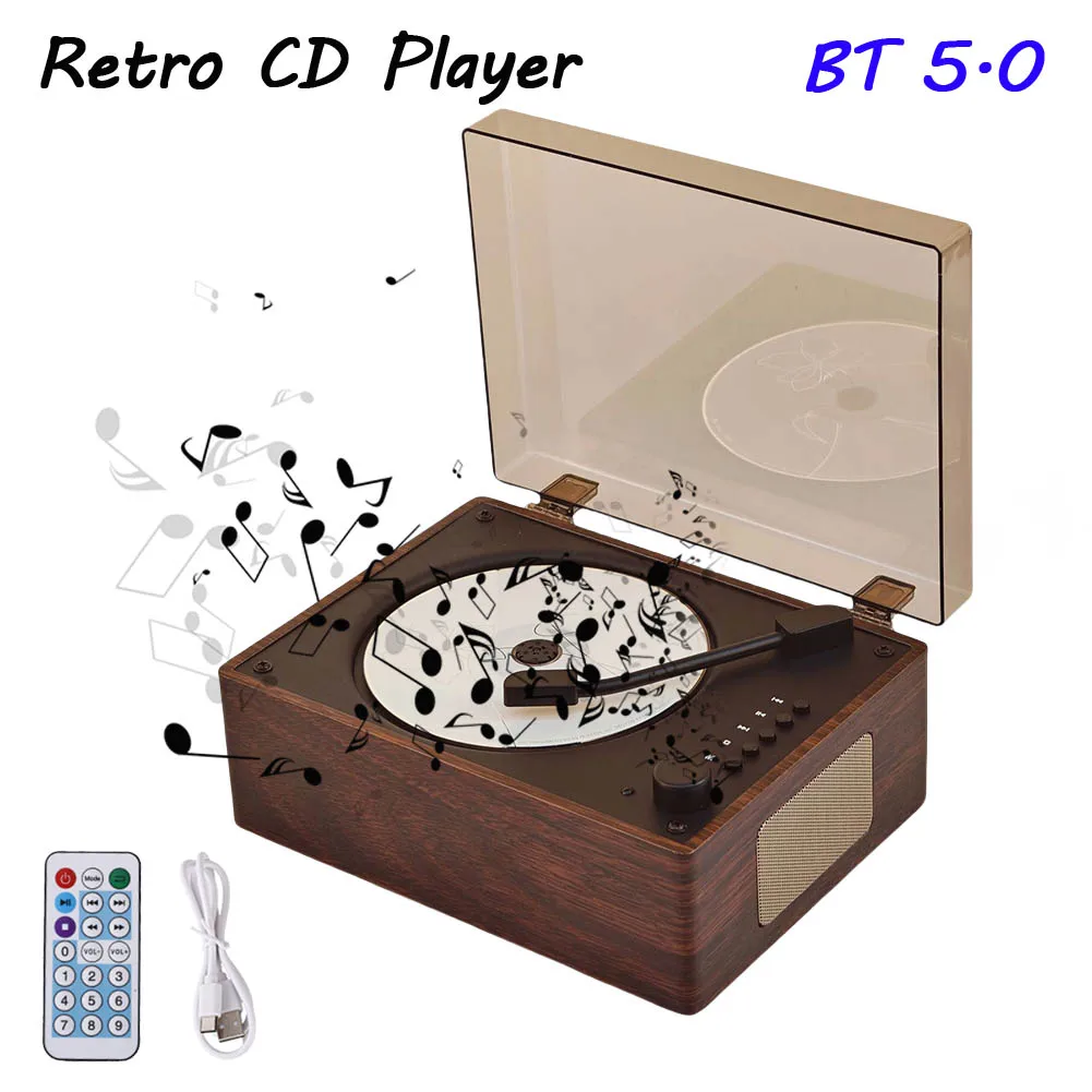 Retro CD Player Rechargeable Support CD BT USB 3.5mm AUX Portable Player Bluetooth-Compatible 5.0 Home Music for Phone