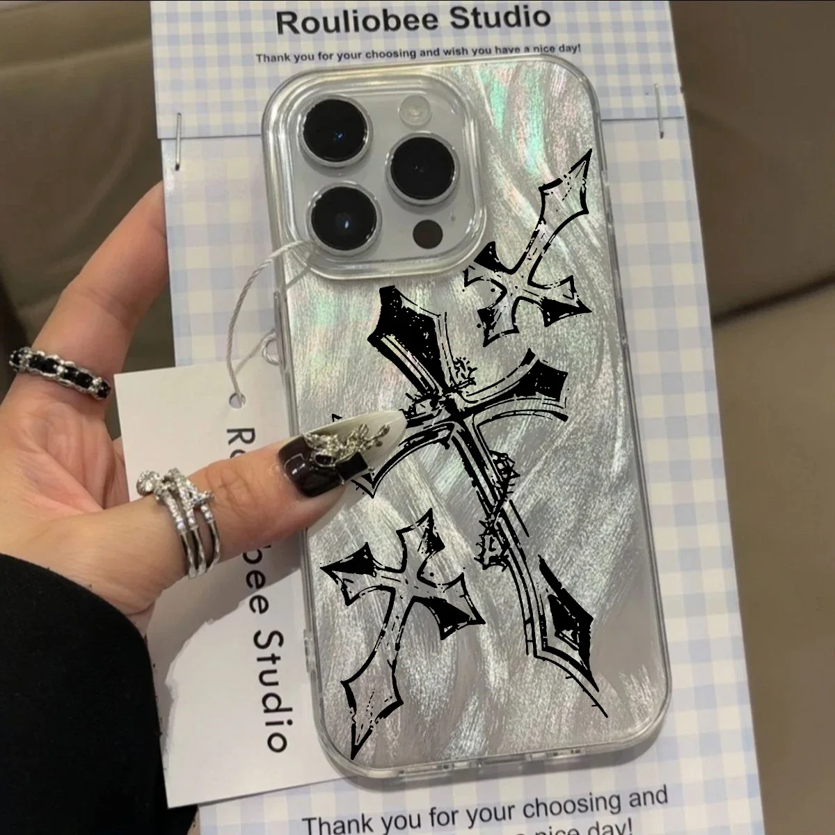 Dark Gothic Cross Mark Silver Laser Phone Case