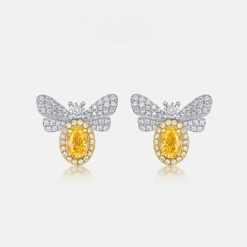 

100% 925 Sterling Silver 13.5*12.2mm Stud Earrings For Women Cute Bee High Carbon Diamond Earrings Sparkling Fine Jewelry