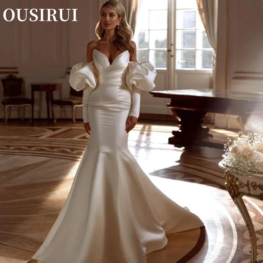 

OUSIRUI Satin Bridal Gowns Boho Beach Puff Sleeve Bride Dresses Custom Size Sexy Mermaid Wedding Dresses 2024 Ruched Sweetheart