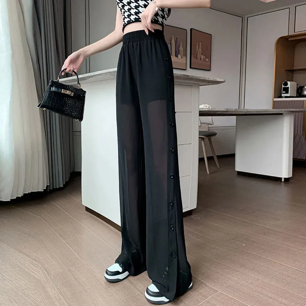 Lce Silk Wide-leg Pants Women's Thin Summer Pants With High Waist Drooping Feeling Slim Chiffon Loose Straight Slit Pants Women.