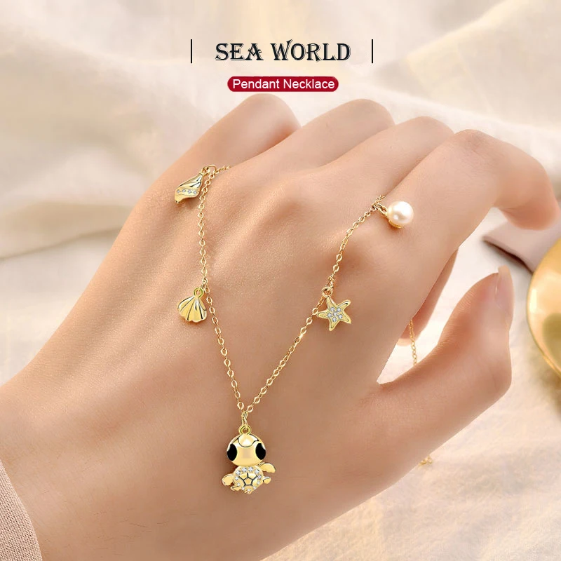 

Original 925 Sterling Silver Colored Gold Necklace Lady's Marine Starfish Shell Pearl Turtle Chain Holidays Gift