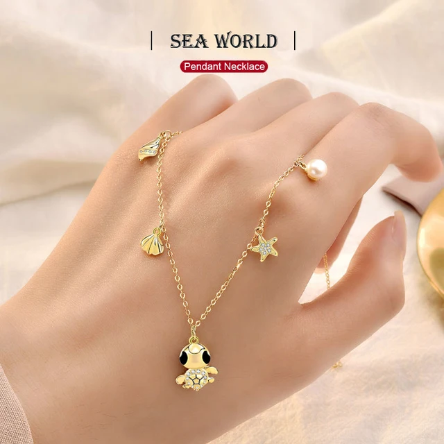 Original 925 Sterling Silver Colored Gold Necklace Lady s Marine Starfish Shell Pearl Turtle Chain Holidays Gift