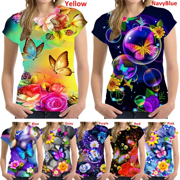 

Новые модные футболки с 3D-принтом бабочки, летняя крутая футболка с коротким рукавом и круглым вырезом, женские топы, размеры 2XS-6XL