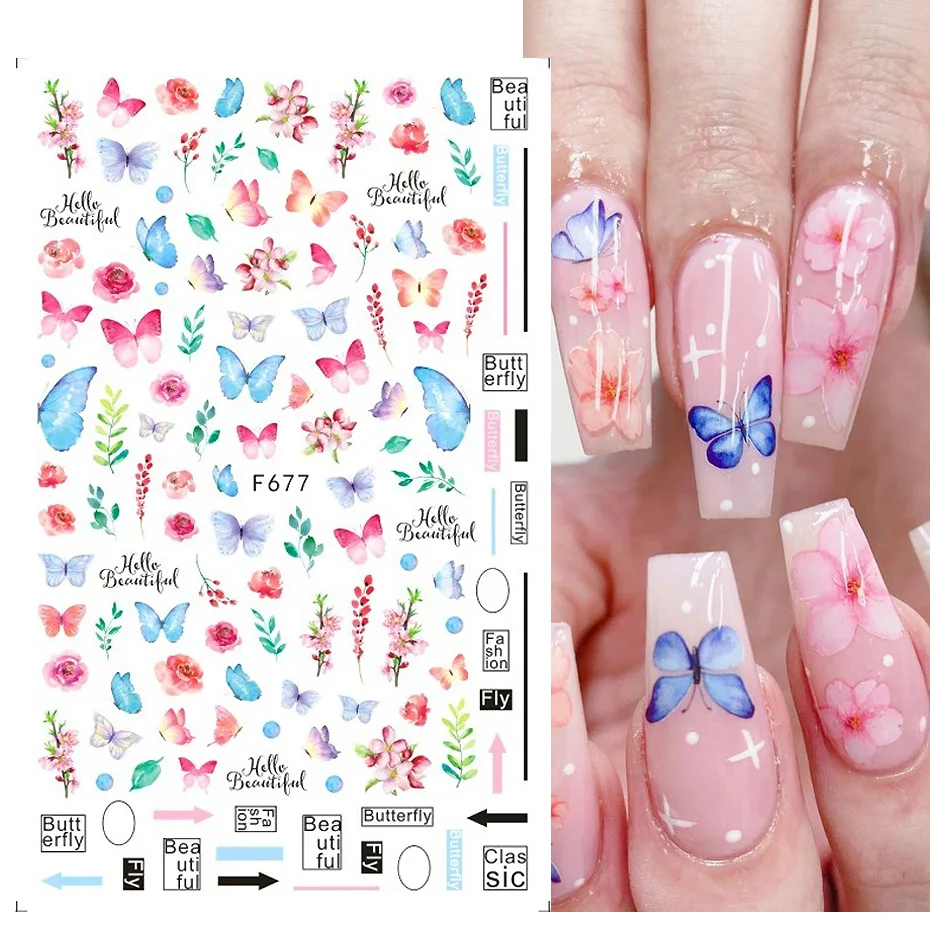 3D Blue Butterfly Adhesive Stickers for Nail Art Decoration - Laser Flower and Leaf Design