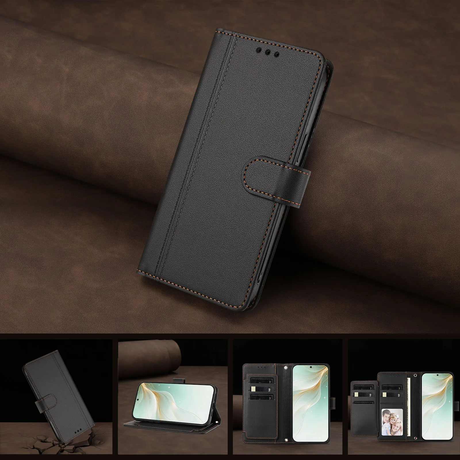 Luxury Leather Flip Phone Case with 9 Card Slots and Strap Book Wallet Design