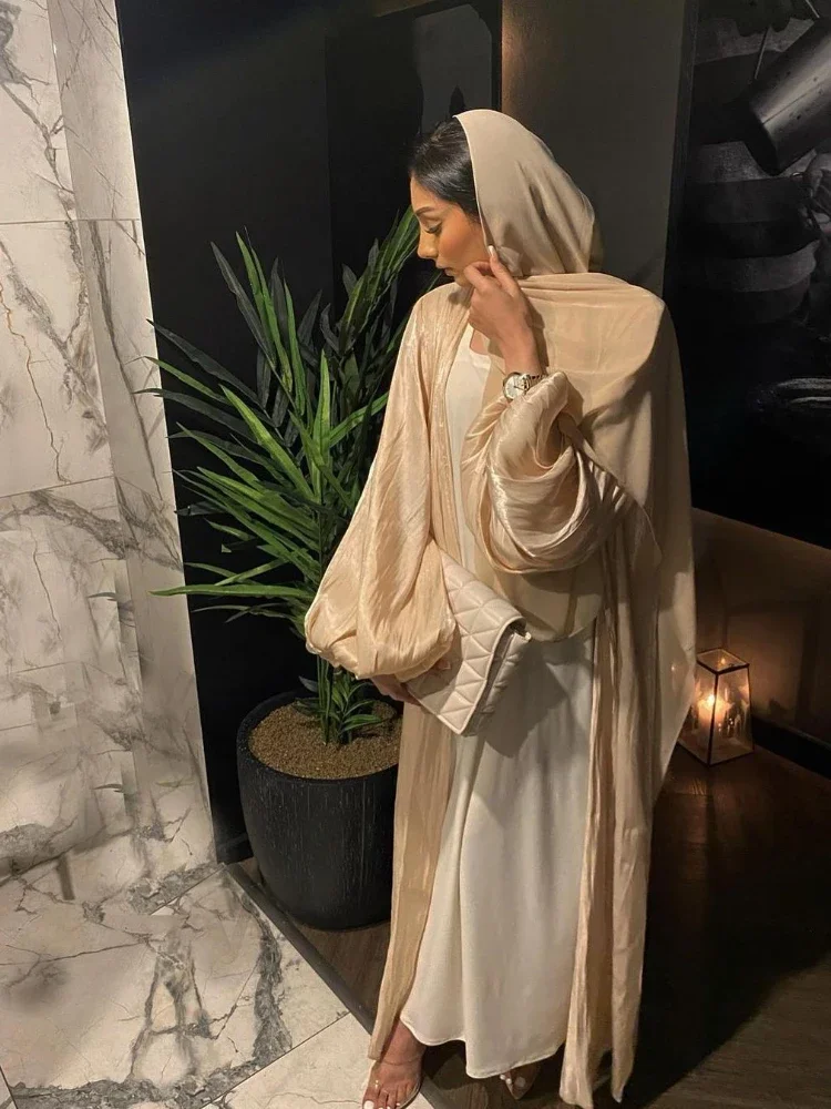 Eid Open Abaya Dubai Muslim Hijab Dress Bubble Sleeve Shining Turkey Abayas for Women Islamic Clothing Kimono Femme Musulmane