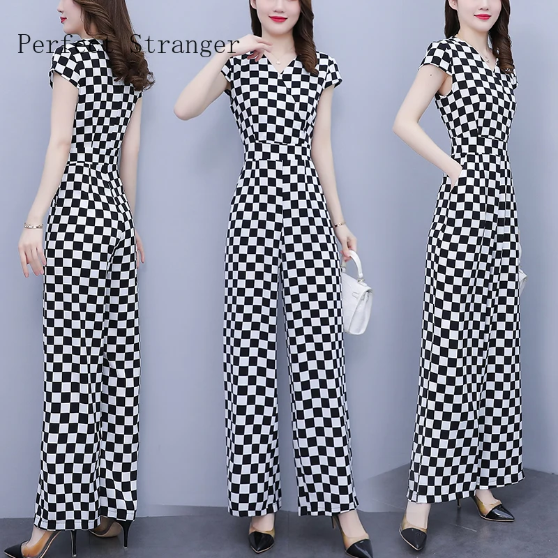 Summer Ladies' Wide Leg One-piece Pants Temperament Commuter Lantern Short Sleeve V-neck Houndstooth Jumpsuit