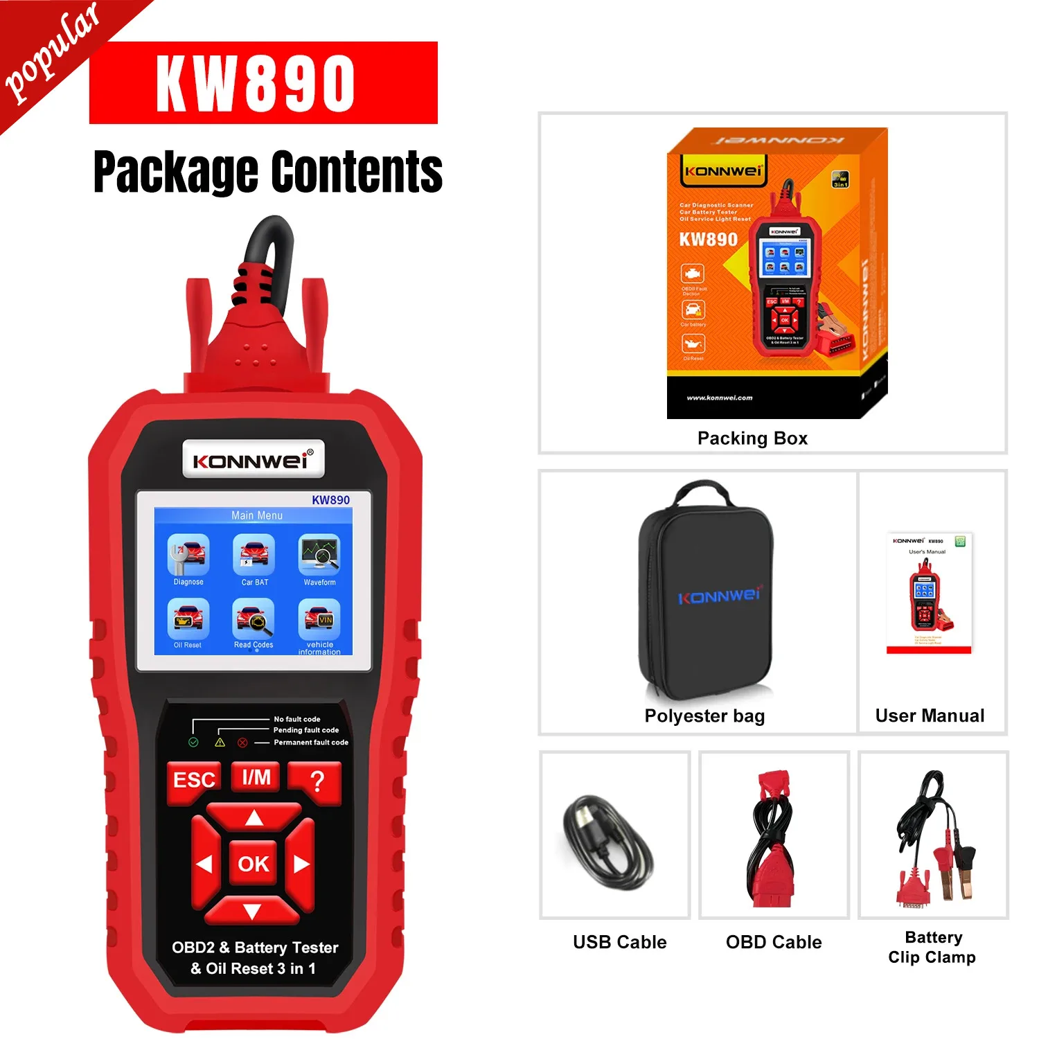 

KONNWEI KW890 Car Scanner Battery Tester, Oil Reset Special Function 3 In 1, Read And Erase Fault Codes/KW880/KW510/KW600