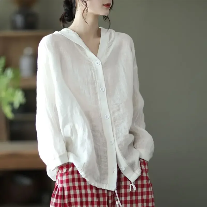 얇은 레트로 한국 재킷, 코튼 및 린넨 후드 코트, 선 셔츠, 린넨 가디건, 가을 의류, 봄 및 여름