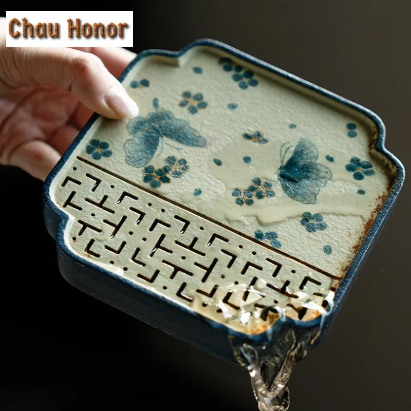 Blue And White Flint Red Square Tea Tray Handmade Gold Drawing Butterfly Water Storage Dry Bubble Tray Teapot Base Tea Ceremony