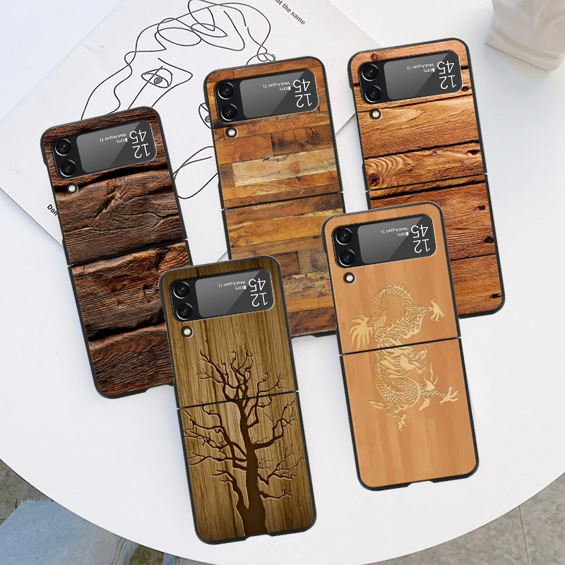 Elegante Custodia Pieghevole Per Samsung Z Flip 4 Flip 3 Hard Phone Funda Per Galaxy Zflip4 Flip3 Zflip Cover Coque Wood Pattern Painted