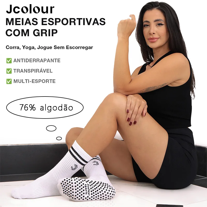 Meias esportivas de algodão puro,76% algodão,Meias antiderrapantes para treino，Meia de algodão feminina de cano médio