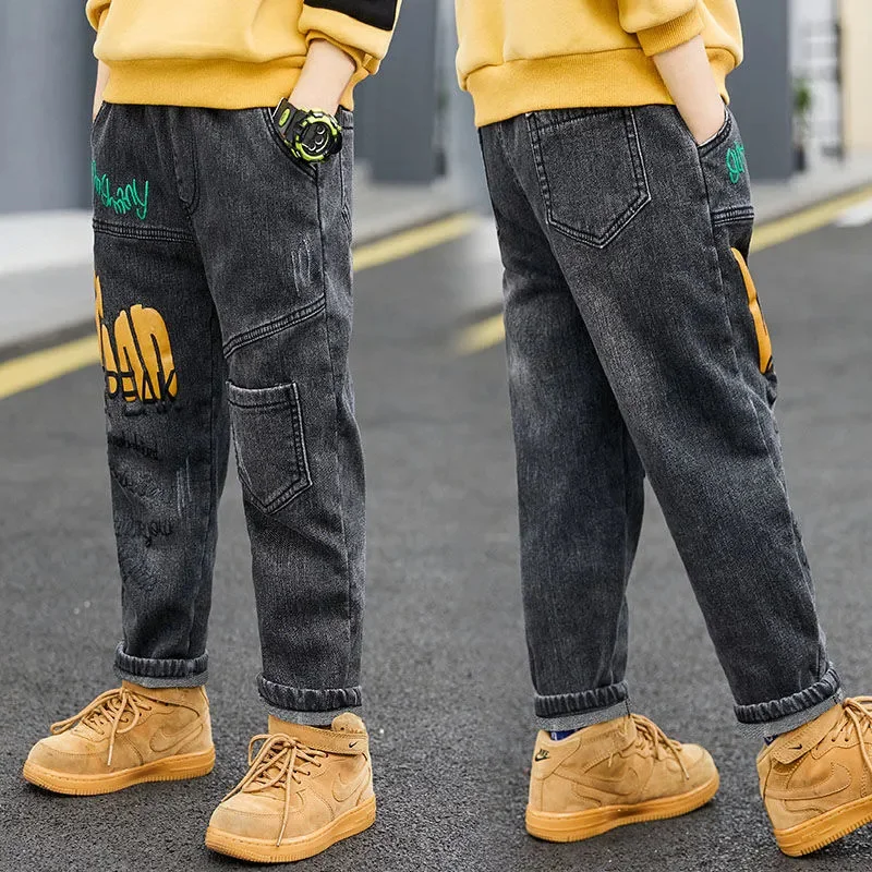 

Children's Jeans for Boys Teenagers Clothes Spring Autumn Casual Letters Print Elastic Waist 2024 New Kids Pants Trousers