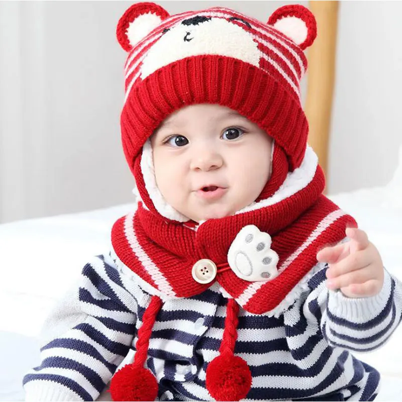 Winter Baby Girl Hat Scarf Set For Children Boys Kids Cartoon Bear Stripe Knit Ear Beanie Cap And Button Paw Scarves Warm Suit