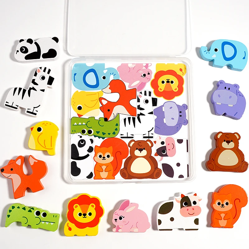 New Wooden 3D Chunky Puzzles Set, Animals/Dinosaur/Food STEM Early Education Toy Montessori Preschool Building Blocks for Kids