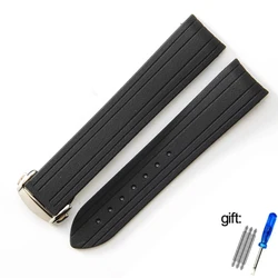 High - Quality Rubber Watch Strap with Folding Clasp and Curved End Design - 20mm (Black silver buckle)