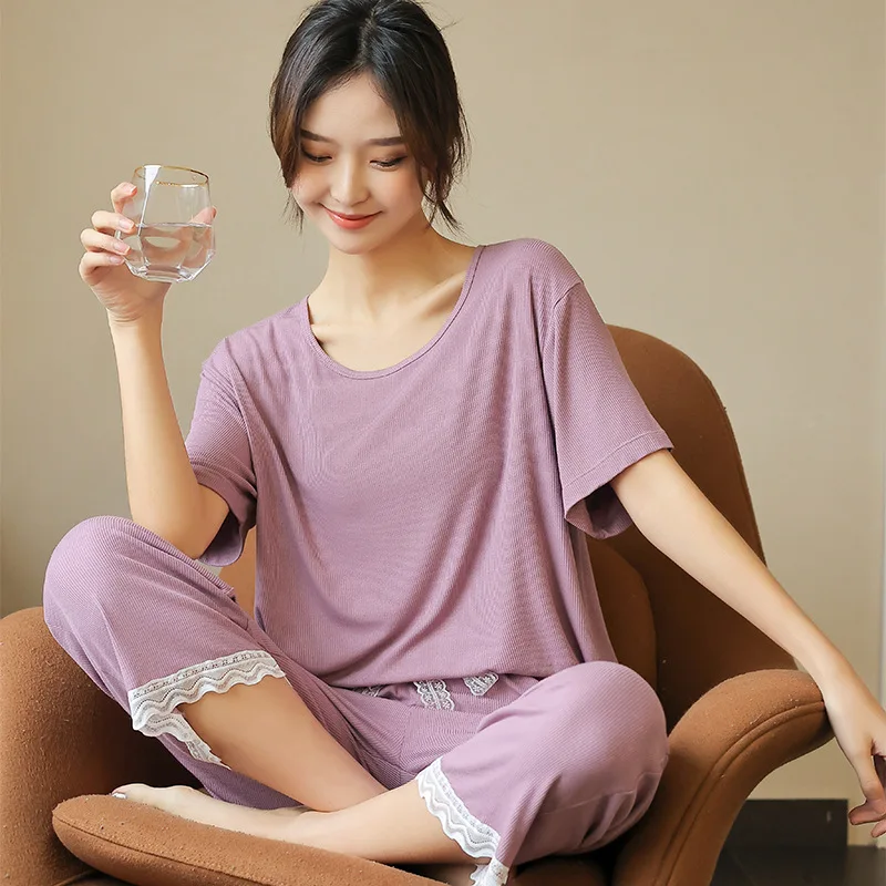 

Пижама Модальная женская с коротким рукавом, домашняя одежда, кружевной летний домашний костюм для мам, Размеры M-xl, лето