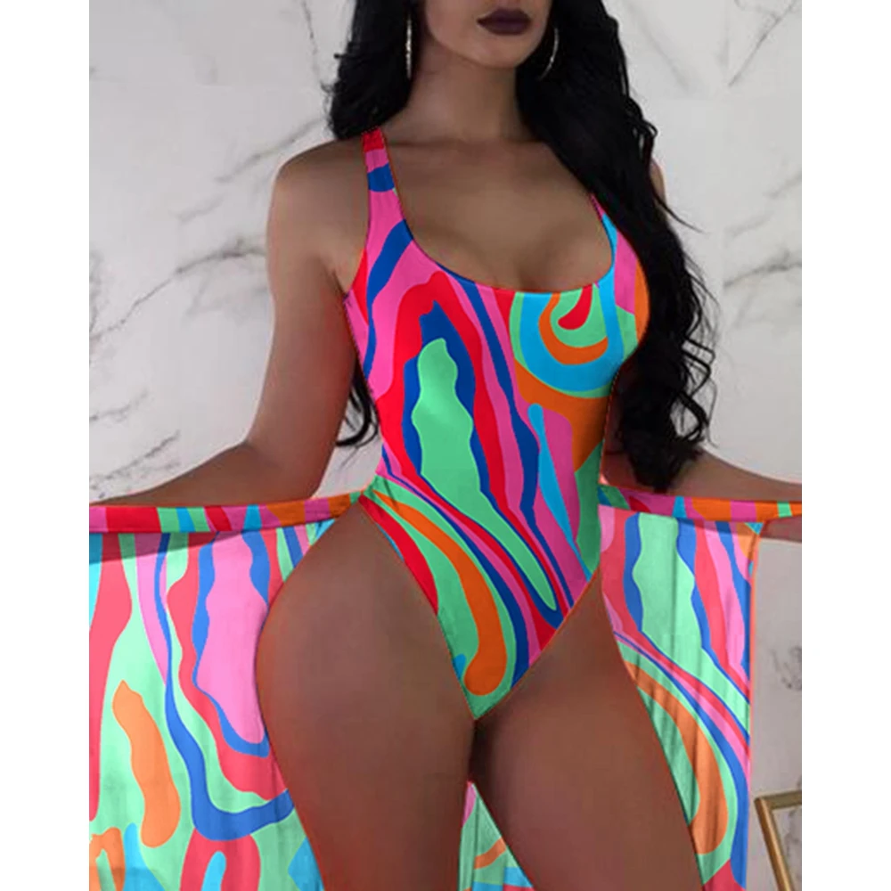 Summer Sexy Women Vintage Geometric Print One Piece Swimsuit With Cover Up Beach Two Pieces Set New in Swimsuit Vacation