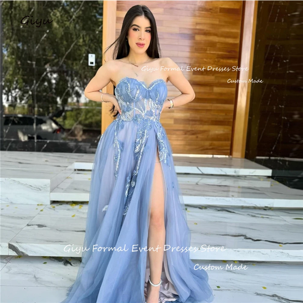 

Giyu Dusty Blue Tulle Evening Dresses Dubai Arabic Women Sexy Sweetheart Applique Split Prom Gowns Formal Occasion Party Dress