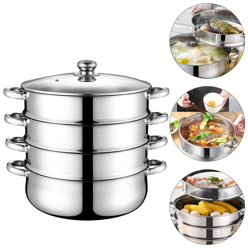 Steaming Cooker Set Stainless Steel Steam Pot Steamer Cooking Soup Cookware Stock Vegetable Set Layer Steamers Pots Stockpot Tier Lid