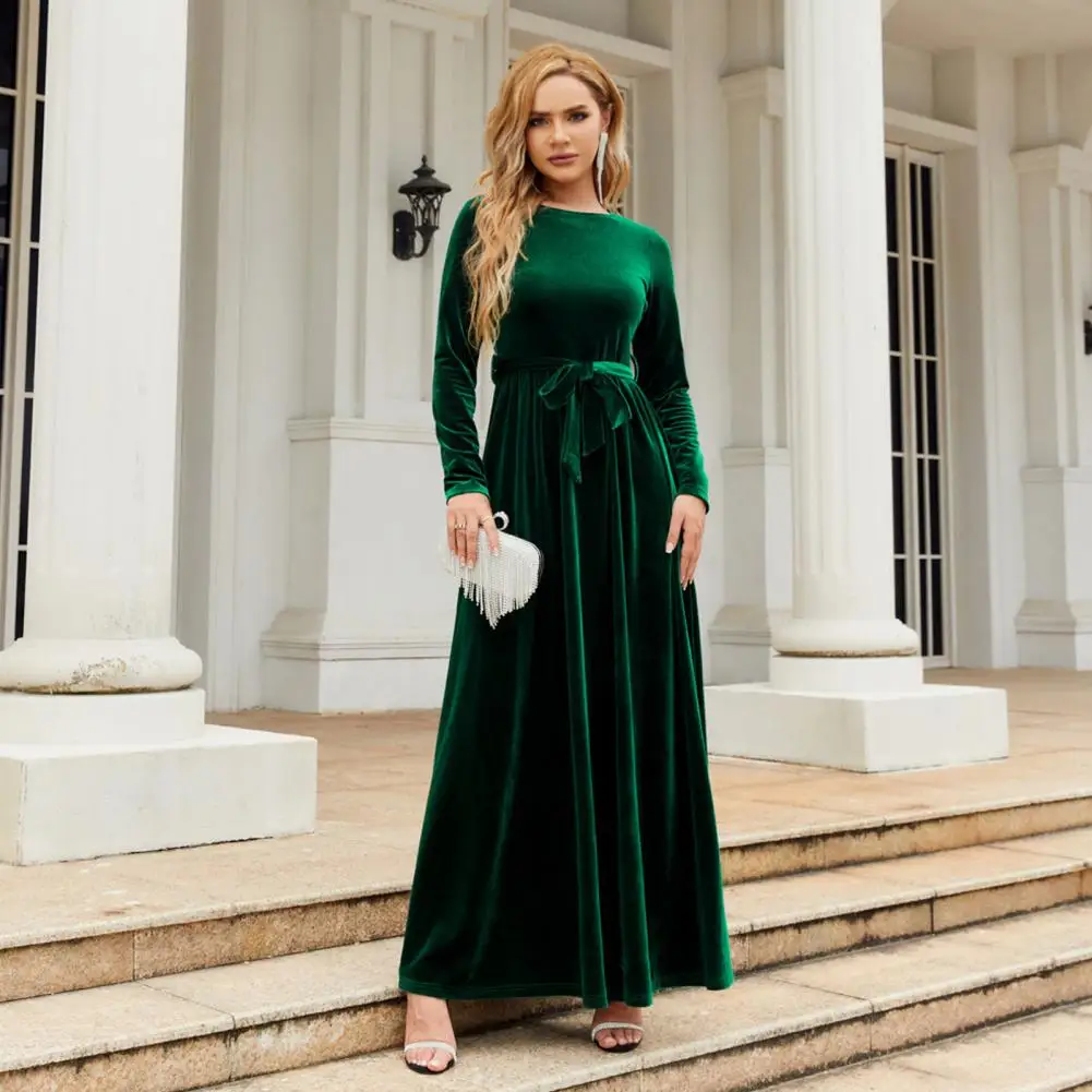 

Women Cocktail Dress Elegant Vintage A-line Maxi Dress with Pleated Golden Velvet Long Sleeve Belted Waist Ankle for Bridesmaid