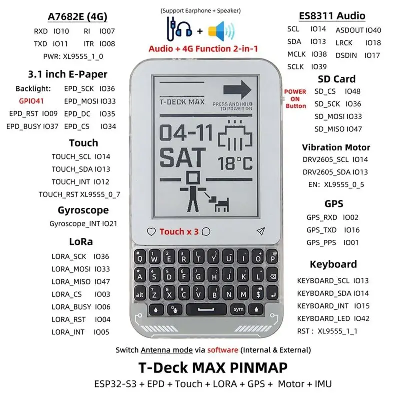 【CYBER MONDAY】T-Deck Max 868Mhz 3.1인치 터치 전자종이 디스플레이 SX1262 Lora 트랜시버 2.4Ghz Wifi& 블루투스 5(LE) 안테나 포함