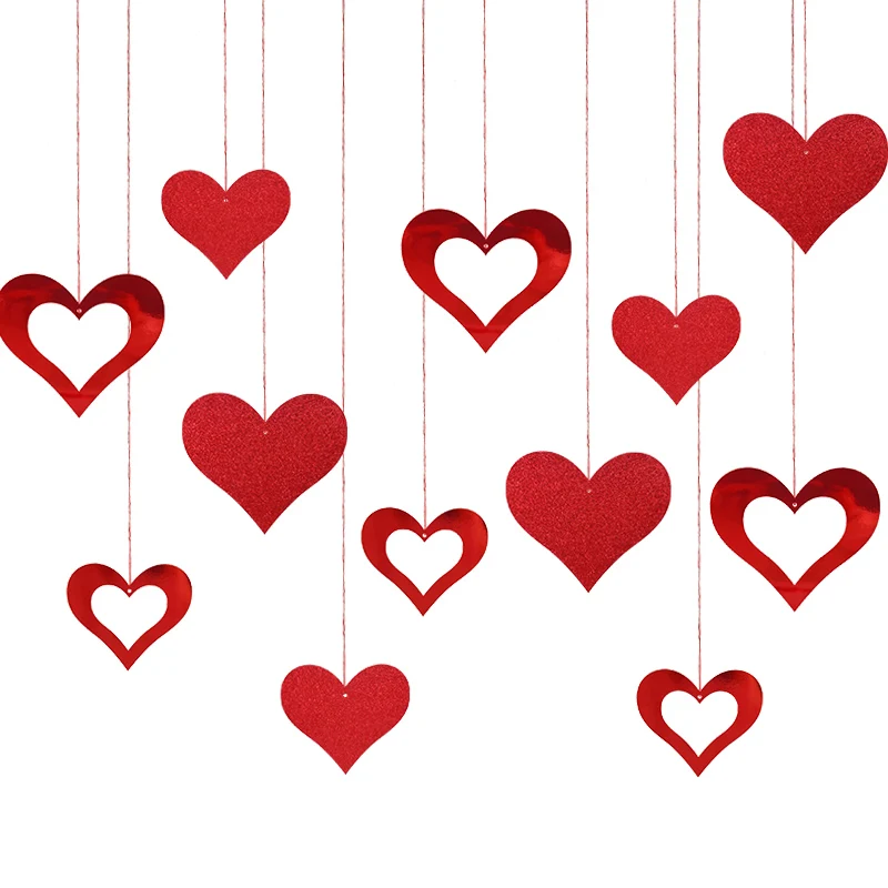 Red Love Heart Spirals Valentine's Day Hanging Garland Swirl Ornaments for Party Decoration 12pcs