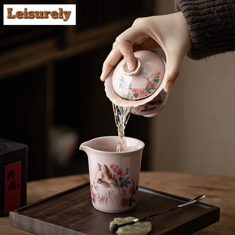 Pink Ru Kiln Flower Cat Gaiwan Antique Not Hot Tea Tureen Tea Bowl With Lid Kit Tea Maker Cover Bowl Kung Fu Tea Set Ornaments
