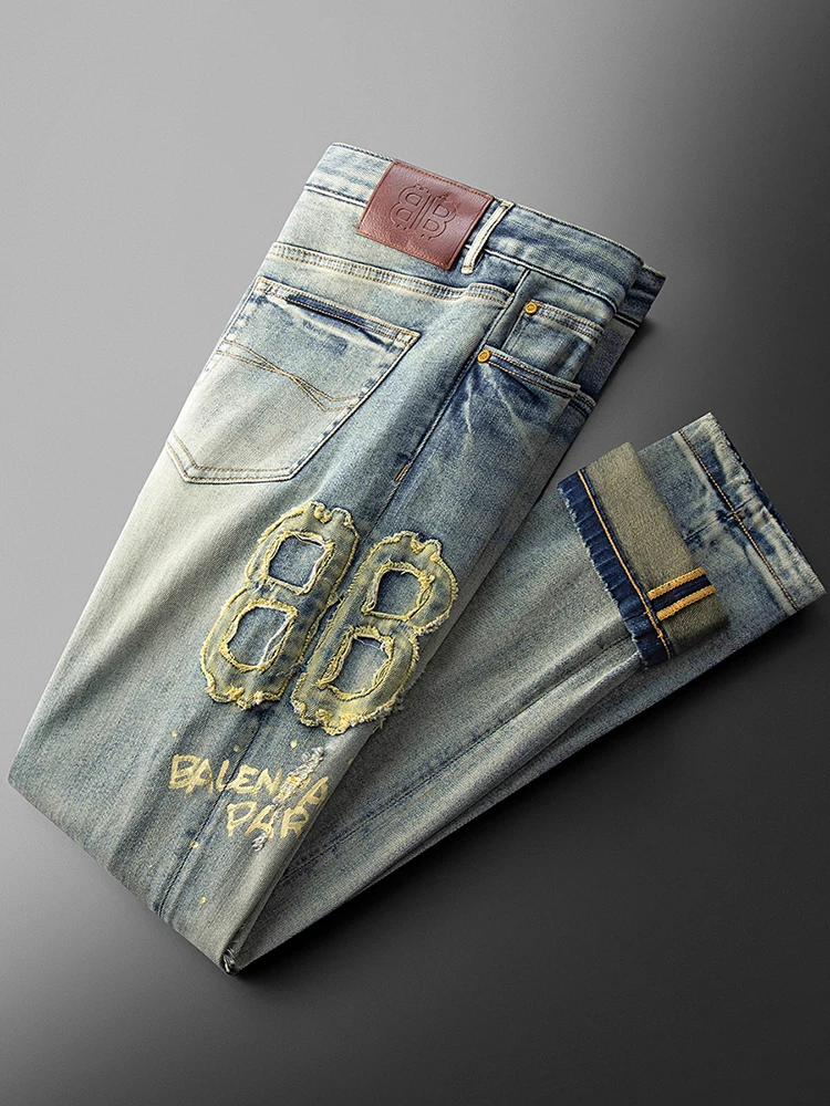 

JSBD-NZ Spring/Summer high-end fashion yuppie make old retro style ripped cotton pants men's stretch straight leg casual jeans