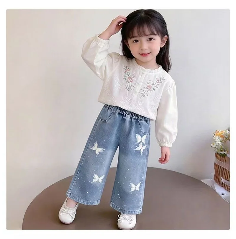Mädchen-Jeans mit Schleifenmuster, neue BlingBling-Diamant-Jeans, Kinderkleidung, gerade, weit geschnittene Hosen, lockere Hosen, 2–8 Jahre – Detail 8