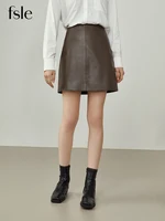 FSLE Women's Brown Leather Skirt Winter New Office Lady Mini Skirts A-line Skirt All-match Fashionable High Waist 1