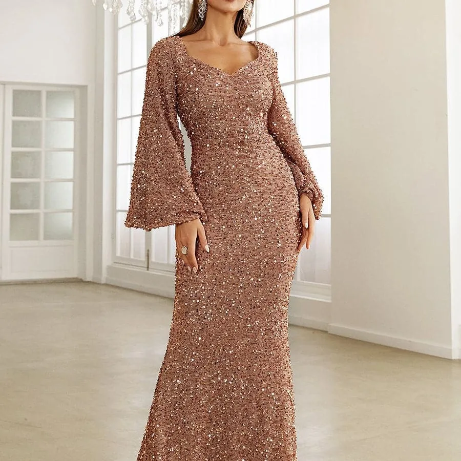 

2024 Elegant Women Sequins Party Maxi Dress Sexy Fashion Flare Long Sleeve V-neck Hip Wrap Dress Lady Sweetheart Evening Dresses