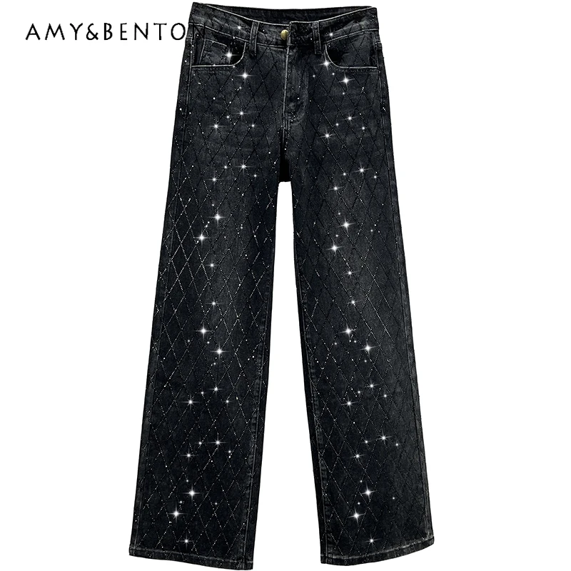 Heavy Embroidery Diamond Drills Jeans Women's Fashionable 2023 New Autumn High Waist Loose And Slimming Wide Leg Pants Trousers