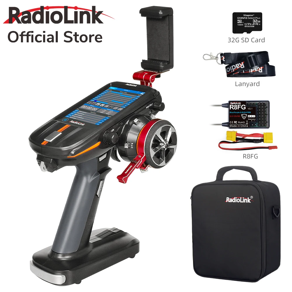Radiolink RC8X 8CH 2.4G RC Transmitter with R8FG V2.1 Gyro Receiver, One Hand Control Accessory and Phone Holder for FPV Screen