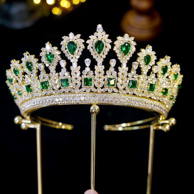 클래식 웨딩 크라운 신부 머리띠 금색 및 녹색 크라운, 여왕 티아라와 크라운 크리스탈 머리띠 파티 헤어 액세서리|Hir Jewelry|  