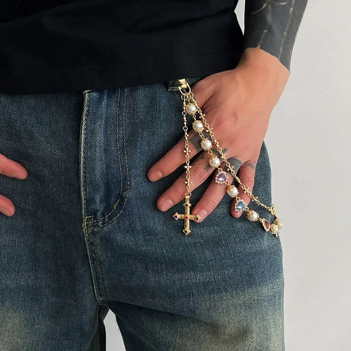 PuRui Doppelschicht Jesus Kreuz Anhänger Jeans Hose Legierung Kette Männer Mode Liebe Herz Bunte Strass Gürtel Kette Y2K Schmuck – Detail 4