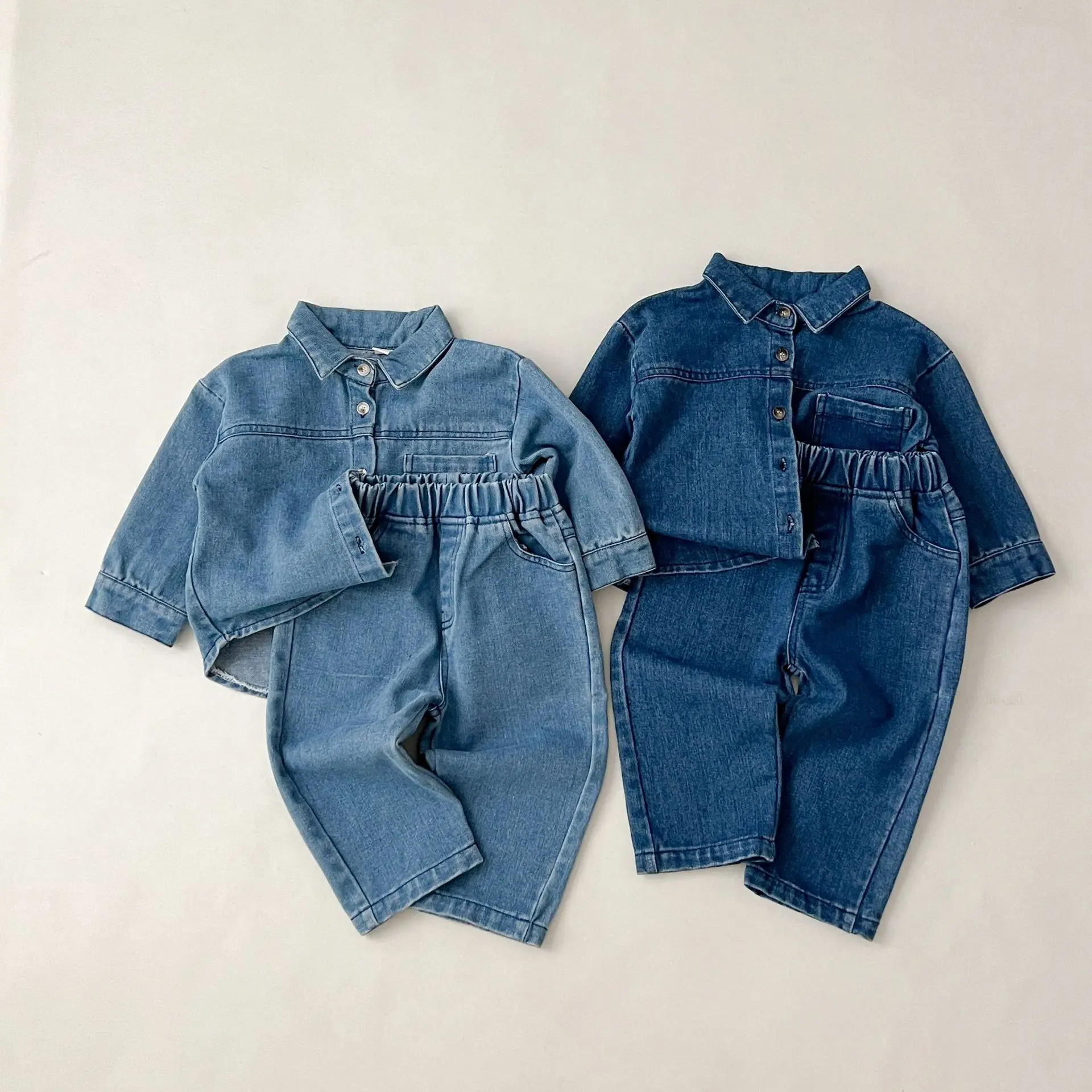 Solid Denim suit baby spring  autumn long-sleeved denim shirt jacket trousers two-piece baby boys girls Simple Casual 2PCS 2