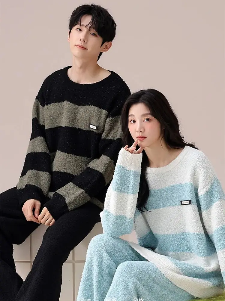 Couple Men Women Autumn Winter Pajamas Velvet Thickened Coral Velvet Fresh Stripes Can Be Worn Out Household Clothing