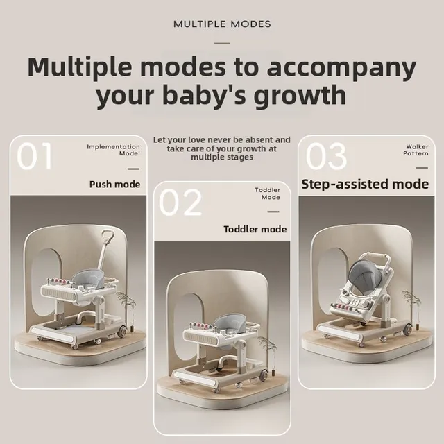 2 in 1 Baby Walker with Wheel, Toddler Baby Push Walker with Removable Feeding Tray and Music Tray(No Battery), Foldable Walker 3