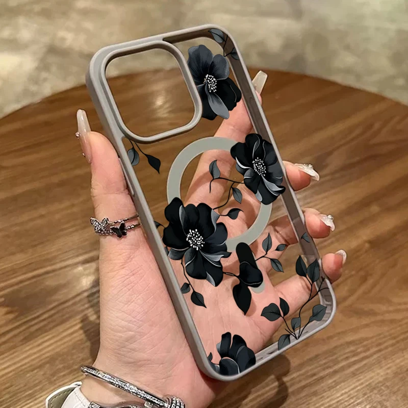Elegant Black Floral Magnetic Phone Case – Stylish and Protective Smartphone Cover