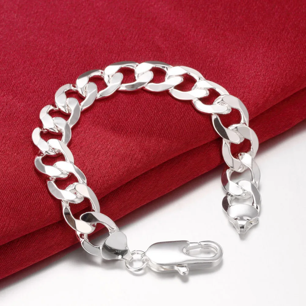 

925 Silver Bracelets 12Mm Flat Link Chain Bangles Women Men Wedding Fashion Engagement Party Jewelry Christmas Gift