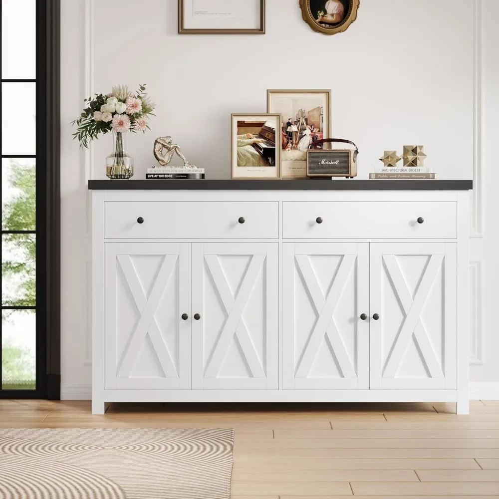 Sideboard with locker, 55 inch large kitchen storage cabinet with 2 drawers, 4 doors, wooden coffee bar cabinet buffet table