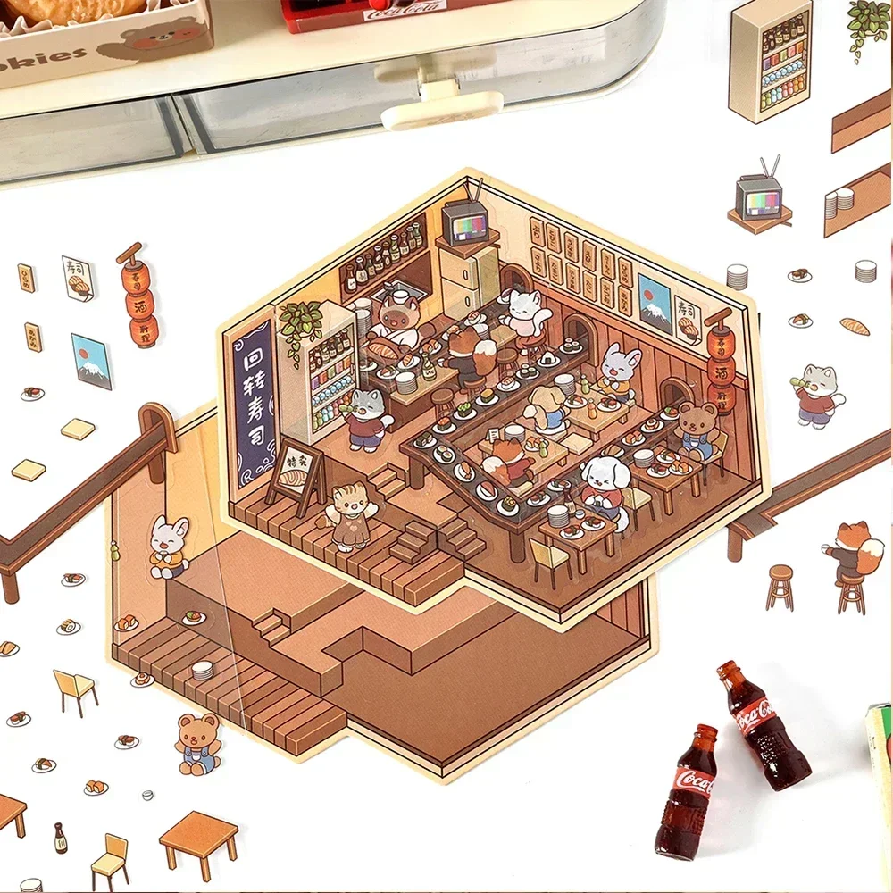 Cartoon 3D DIY Miniature Scene Sticker Pocket Cabin Scene Pasting and Stacking Festival Birthday Gift for Child Student