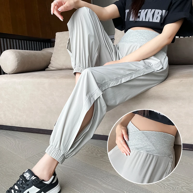 Summer Maternity Trousers Thin Low Waist Ankle-length Hollowed Out Side Pregnant Woman Sports Pants Sunscreen Casual Sweatpants