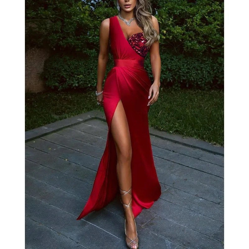 

2023 Spring Autumn Dress Spring Summer Knee Elegant Red High v Neck Adult Official Picture Chinese Evening Dress Sexy dress