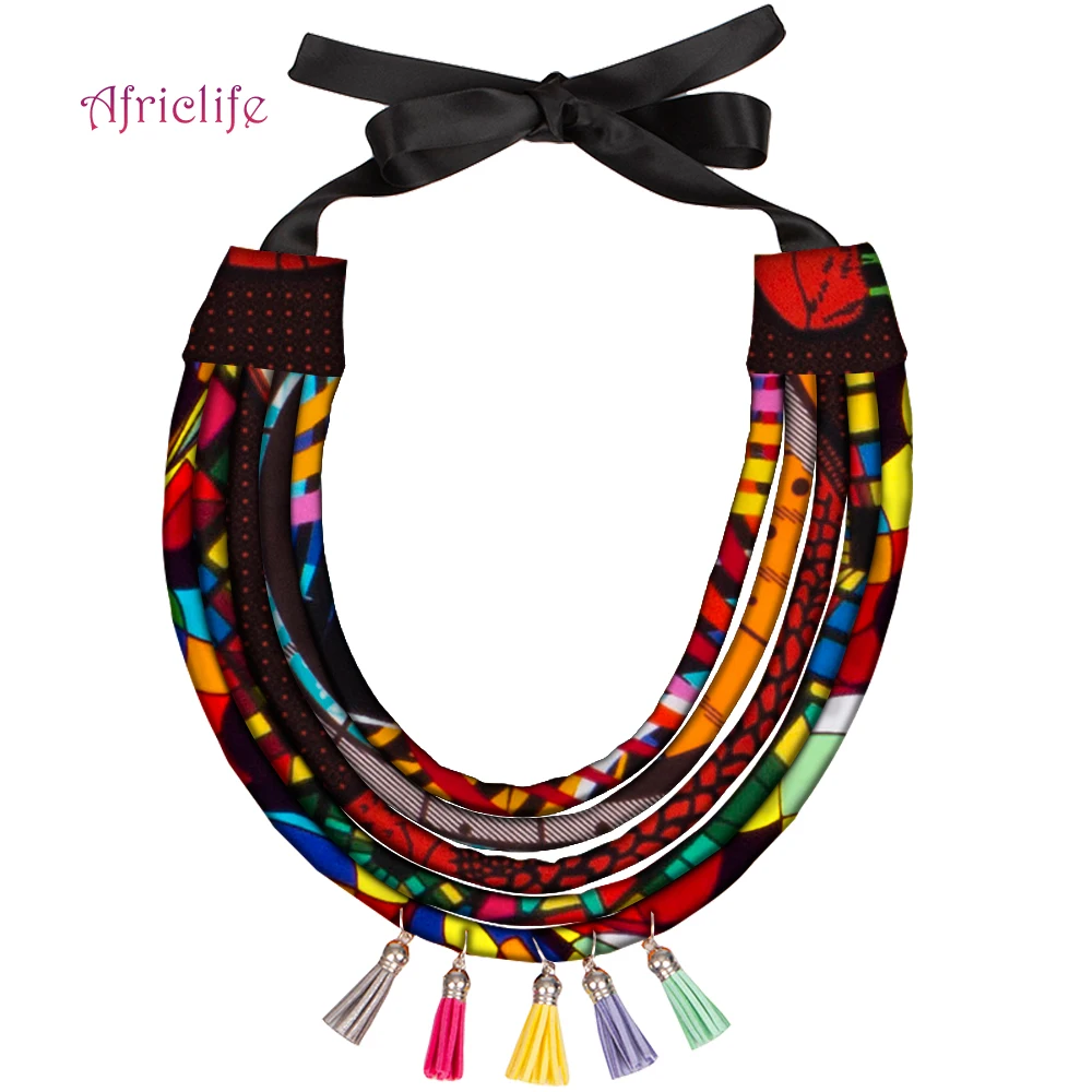 African Multi Color Tassels Necklace Handmade Fabric Ankara Multi Layered Rope Statement Necklace for Summer Holiday WYB12