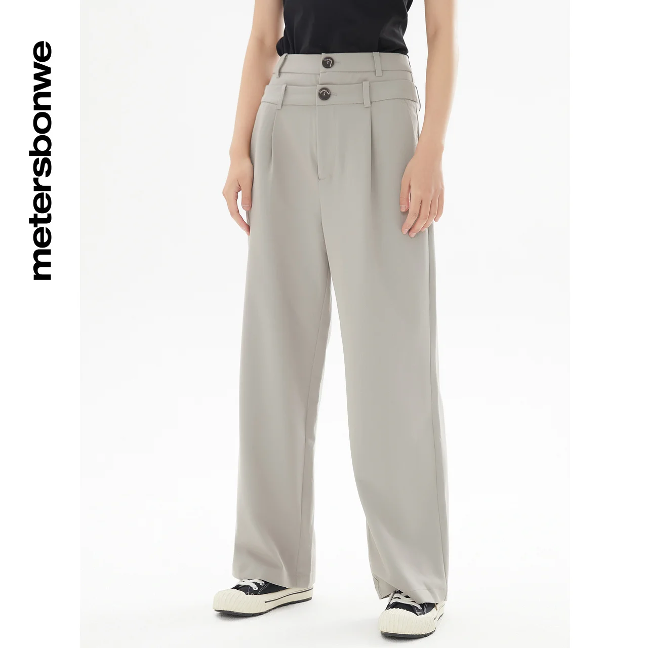 Metersbonwe Female Basic Double Waist Head Woven Wide Leg Trousers Women Spring Straight Hight Quanlity Office Lady Baggy Pants streetwear women pants loose straight wide leg pants y2k letter empire slim woven elastic waist wide leg pants